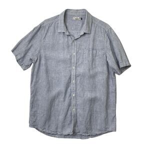 Oxford Lads Shirt Mens XL Blue Linen Micro-Check Short Sleeve Lightweight
